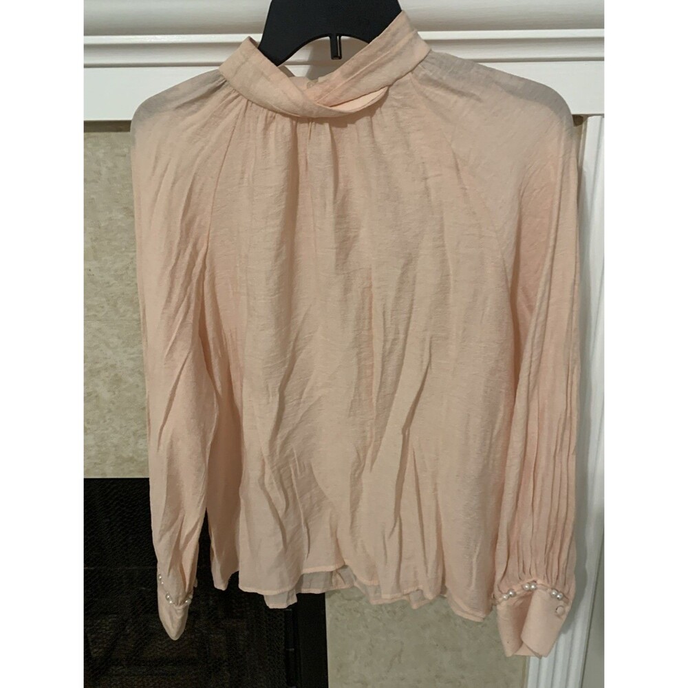 Zara Long-Sleeve Blouse — Peach Pink, Size L, Balloon Sleeves, High Neck